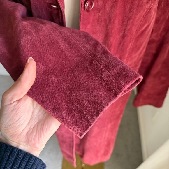 Burgundy 100% Leather Suede Trench Coat Jacket Small Denim & Co Academia Boho - Picture 5 of 16